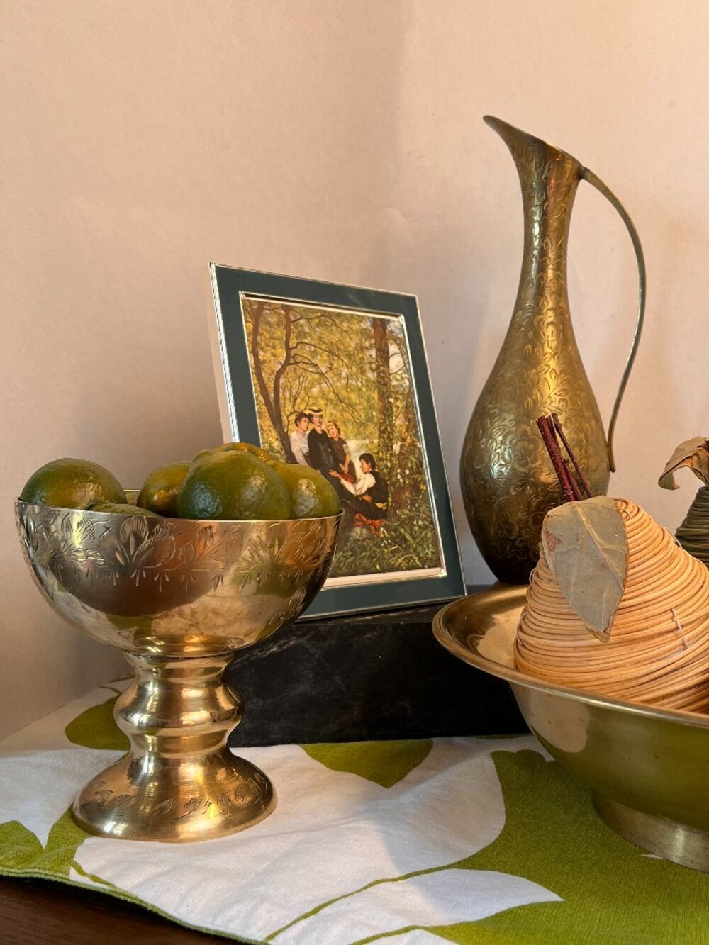 Vintage Etched Brass Pedestal Bowl Hand Crafted in India